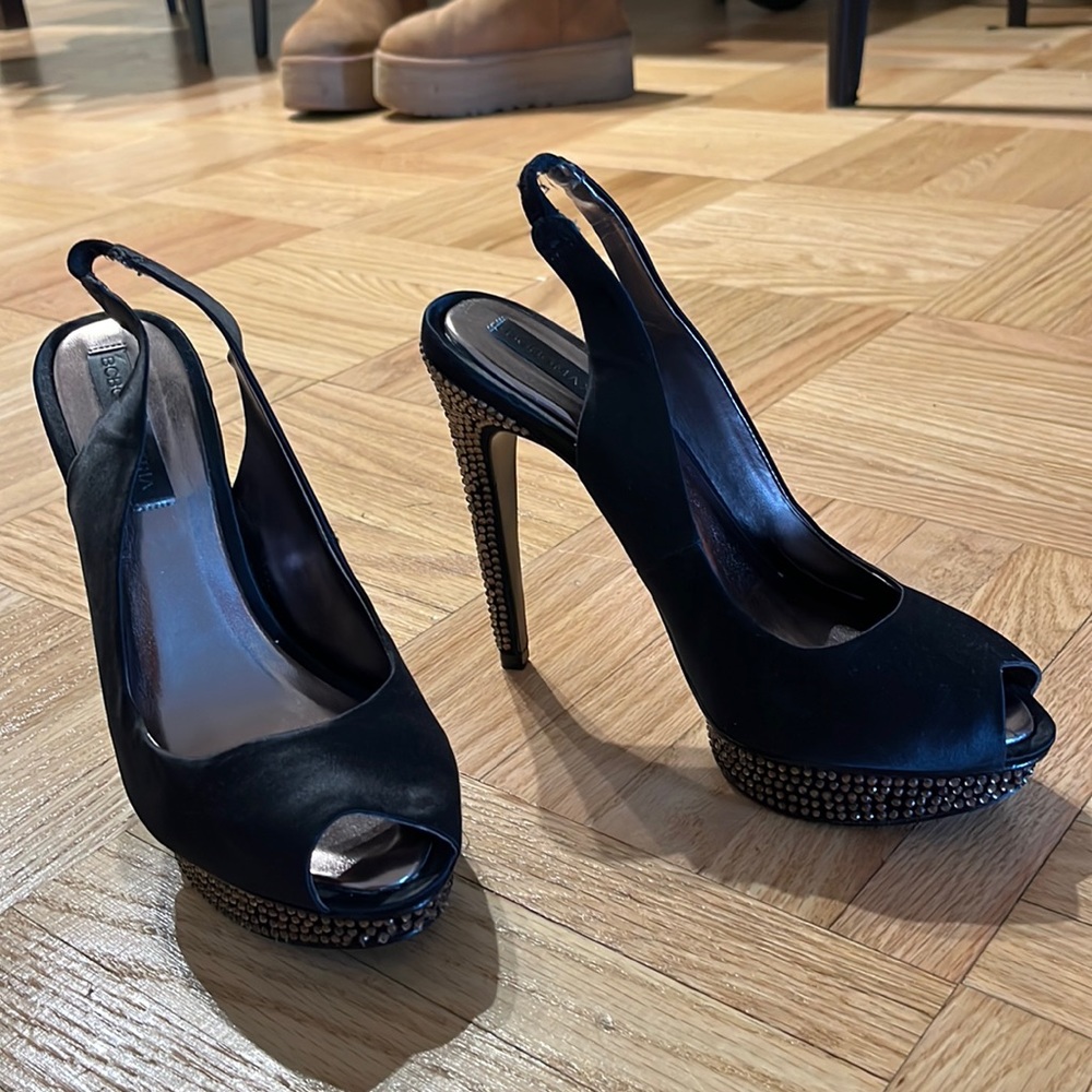 BCBG black satin peep toe stiletto sling backs size 6